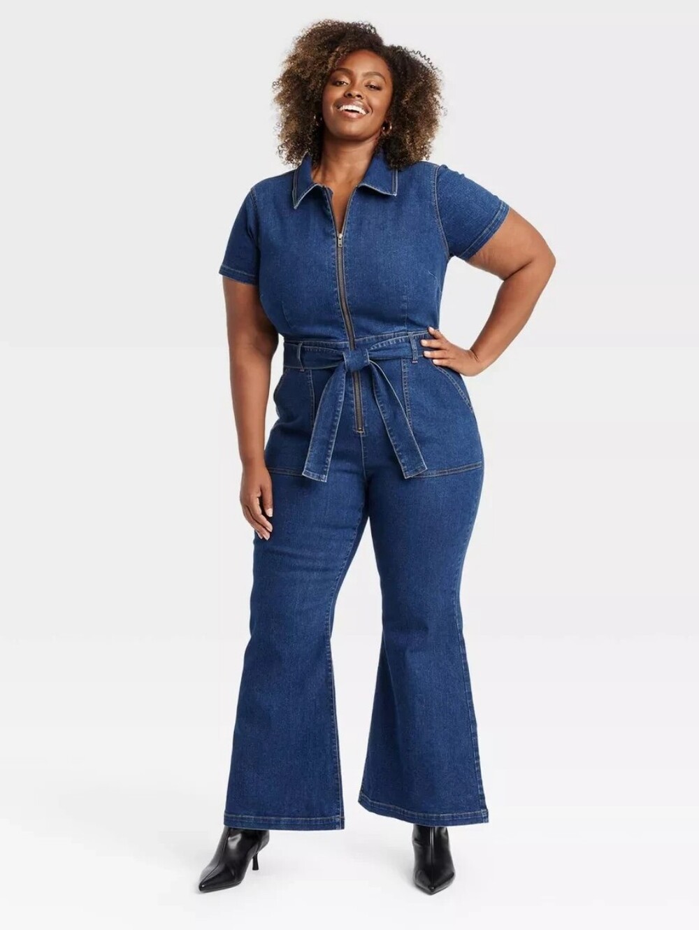 Ava & Viv Dark Blue Denim Zip-Front Jumpsuit with Tie Belt